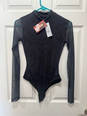 NWT Selena Black Floral Bodysuit Sheer Snap Closure Long Sleeve Size X-Small